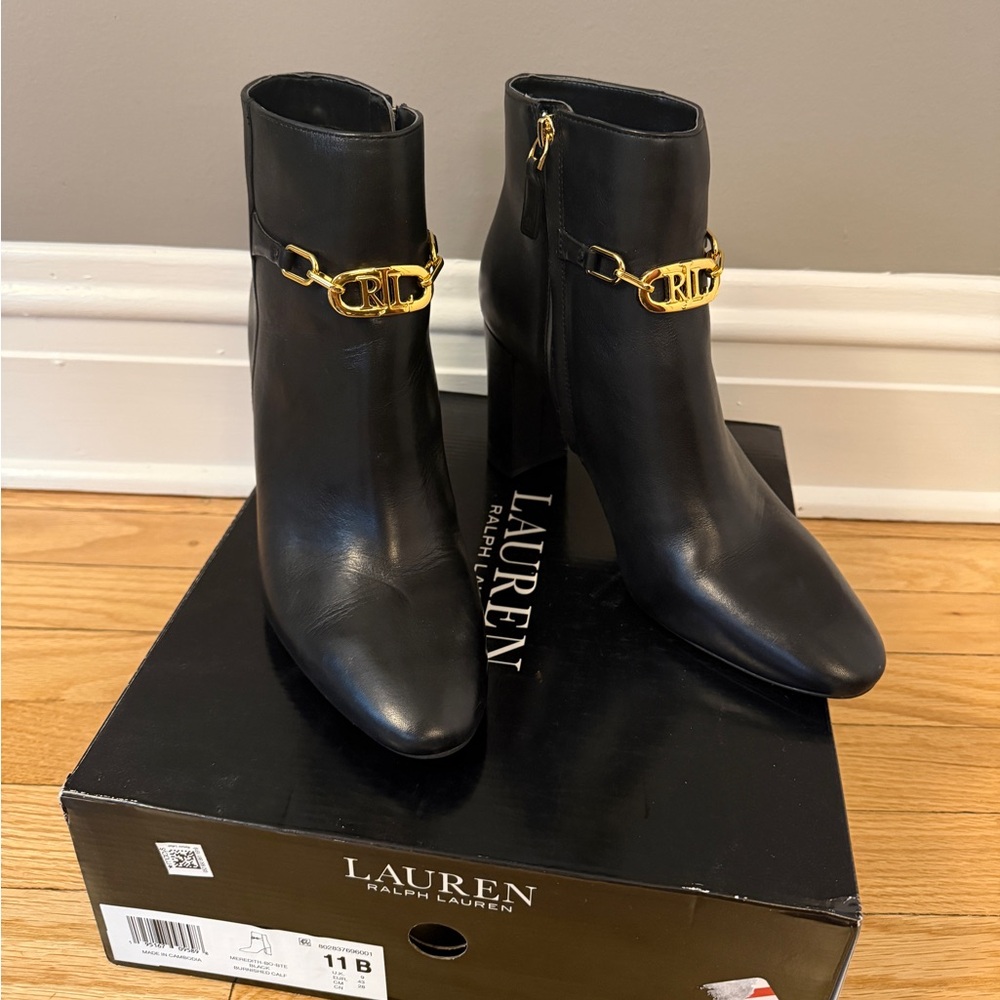 Ralph Lauren Black Boots with Gold Chain Detail